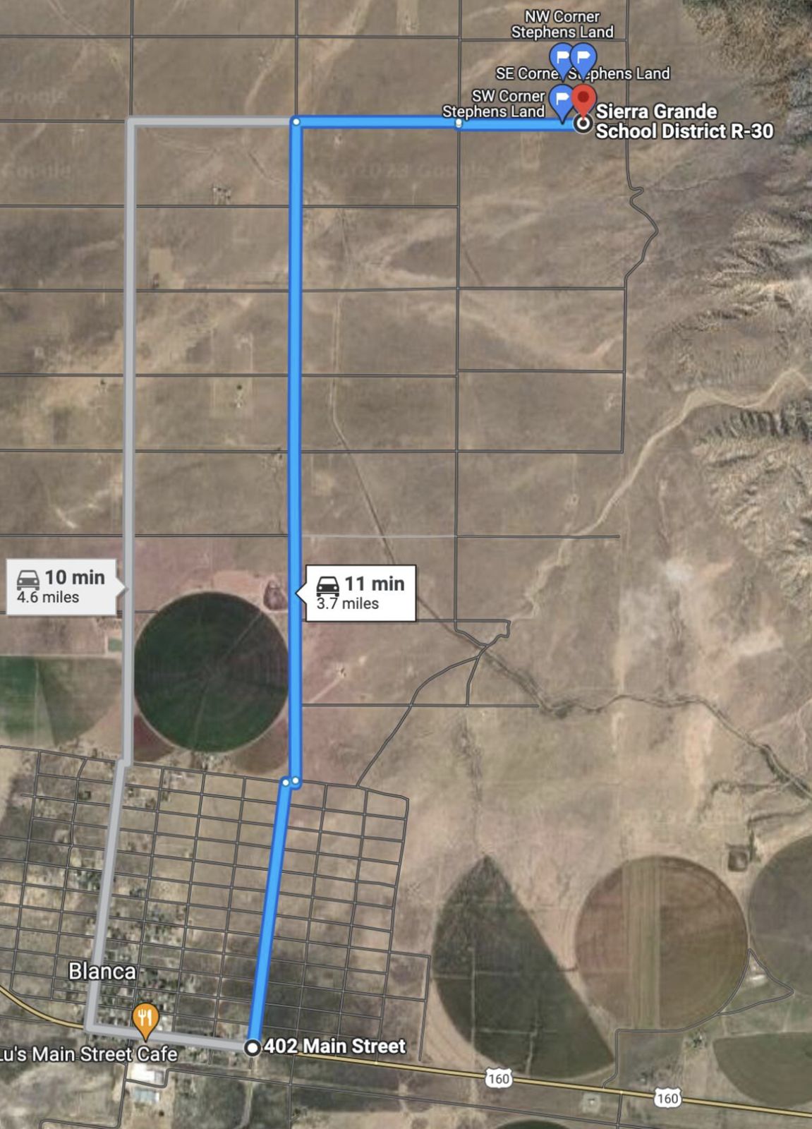 Map from 402 Main Street in Blanca north on Oak Ave, then east on 8th Street to Stephens land, 11 minutes and 3.7 miles