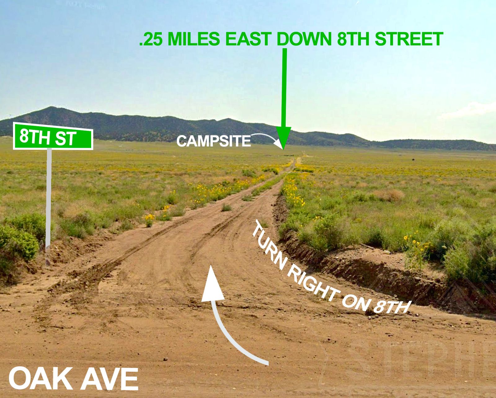 The right turn from Oak Ave onto 8th Street, with the campsite marked a quarter mile east