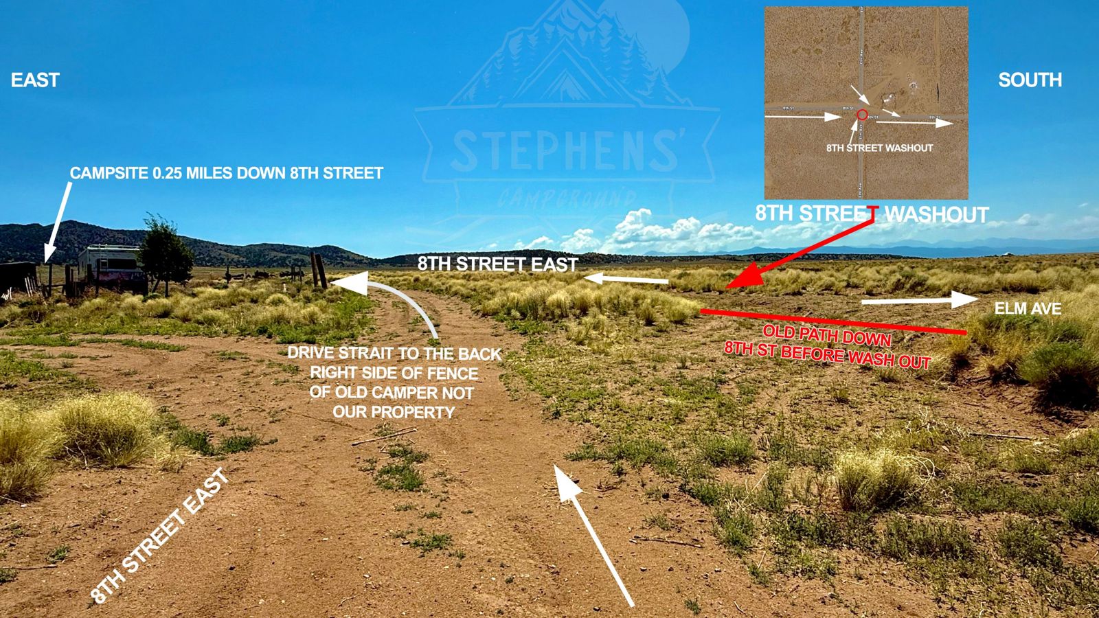 The 8th Street washout: drive straight to the back right side of the old camper's fence instead of the old path, with an aerial inset of the washout