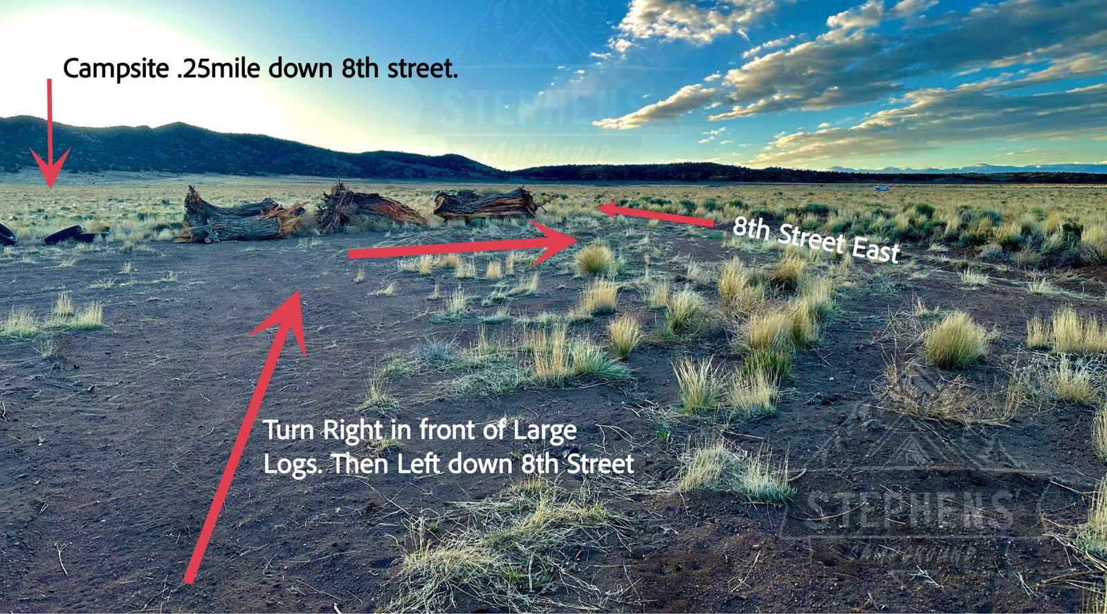 Large logs on the ground: turn right in front of them, then left onto 8th Street east