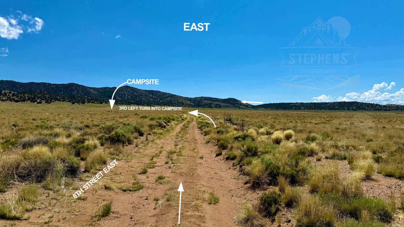 8th Street heading east, with the third left turn into the campsite marked