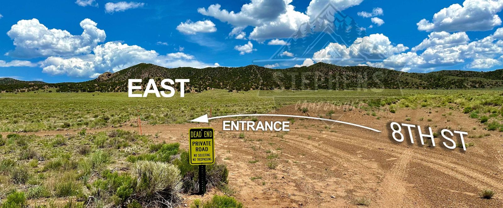 Campsite entrance: left turn off 8th Street at a yellow Dead End Private Road sign