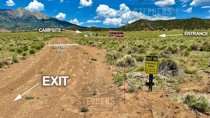 Inside the entrance: the 17 foot wide road leading to the campsite, with the entrance and exit marked